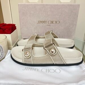 Jimmy Choo Champagne Metallic Patent Leather Sandals with Pearls sz 42 NEW $850
